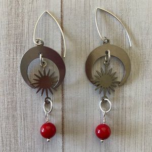 Sun and moon earrings with red coral and sterling silver earwires